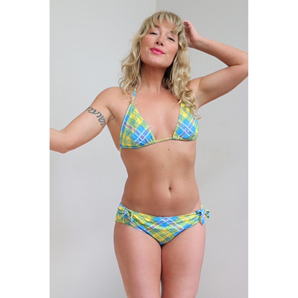 Vintage 1970's Plaid Seersucker Low Cut Two Piece Bikini ~ Women's XXS to XS